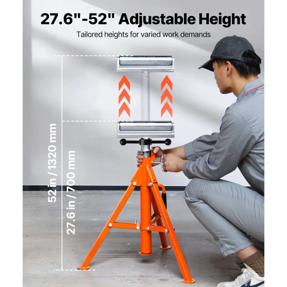 VEVOR Roller Stand, Heavy Duty 2500 LBS Load Capacity, 27.6"-52" Height Adjustable, 45# Steel Folding Roller Support Stand for Pipes, Wooden Boards