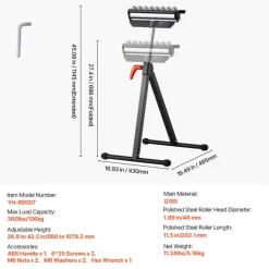 VEVOR Roller Stand, 300 lb Load Capacity, 26.8-42.5 in Adjustable Height, Folding Heavy Duty with 11.5 inch Polished Multi-directional Roller Head, for Table Saw Outfeed Woodworking Extension Support