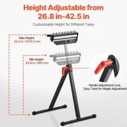 VEVOR Roller Stand, 300 lb Load Capacity, 26.8-42.5 in Adjustable Height, Folding Heavy Duty with 11.5 inch Polished Multi-directional Roller Head, for Table Saw Outfeed Woodworking Extension Support