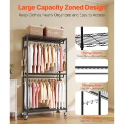 VEVOR Rolling Clothes Rack, Heavy Duty Clothing Garment Rack, 3 Adjustable Tiers Clothing Racks with Carbon Steel, 450 lbs Load Capacity Closet Wardrobe for Bedroom, Clothing Store, Hallway