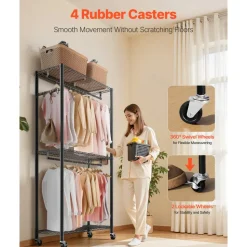 VEVOR Rolling Clothes Rack, Heavy Duty Clothing Garment Rack, 3 Adjustable Tiers Clothing Racks with Carbon Steel, 450 lbs Load Capacity Closet Wardrobe for Bedroom, Clothing Store, Hallway
