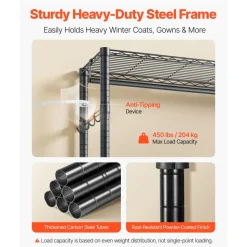 VEVOR Rolling Clothes Rack, Heavy Duty Clothing Garment Rack, 3 Adjustable Tiers Clothing Racks with Carbon Steel, 450 lbs Load Capacity Closet Wardrobe for Bedroom, Clothing Store, Hallway