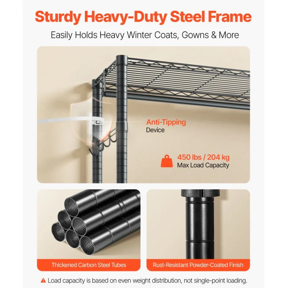 VEVOR Rolling Clothes Rack, Heavy Duty Clothing Garment Rack, 3 Adjustable Tiers Clothing Racks with Carbon Steel, 450 lbs Load Capacity Closet Wardrobe for Bedroom, Clothing Store, Hallway