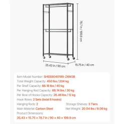 VEVOR Rolling Clothes Rack, Heavy Duty Clothing Garment Rack, 3 Adjustable Tiers Clothing Racks with Carbon Steel, 450 lbs Load Capacity Closet Wardrobe for Bedroom, Clothing Store, Hallway