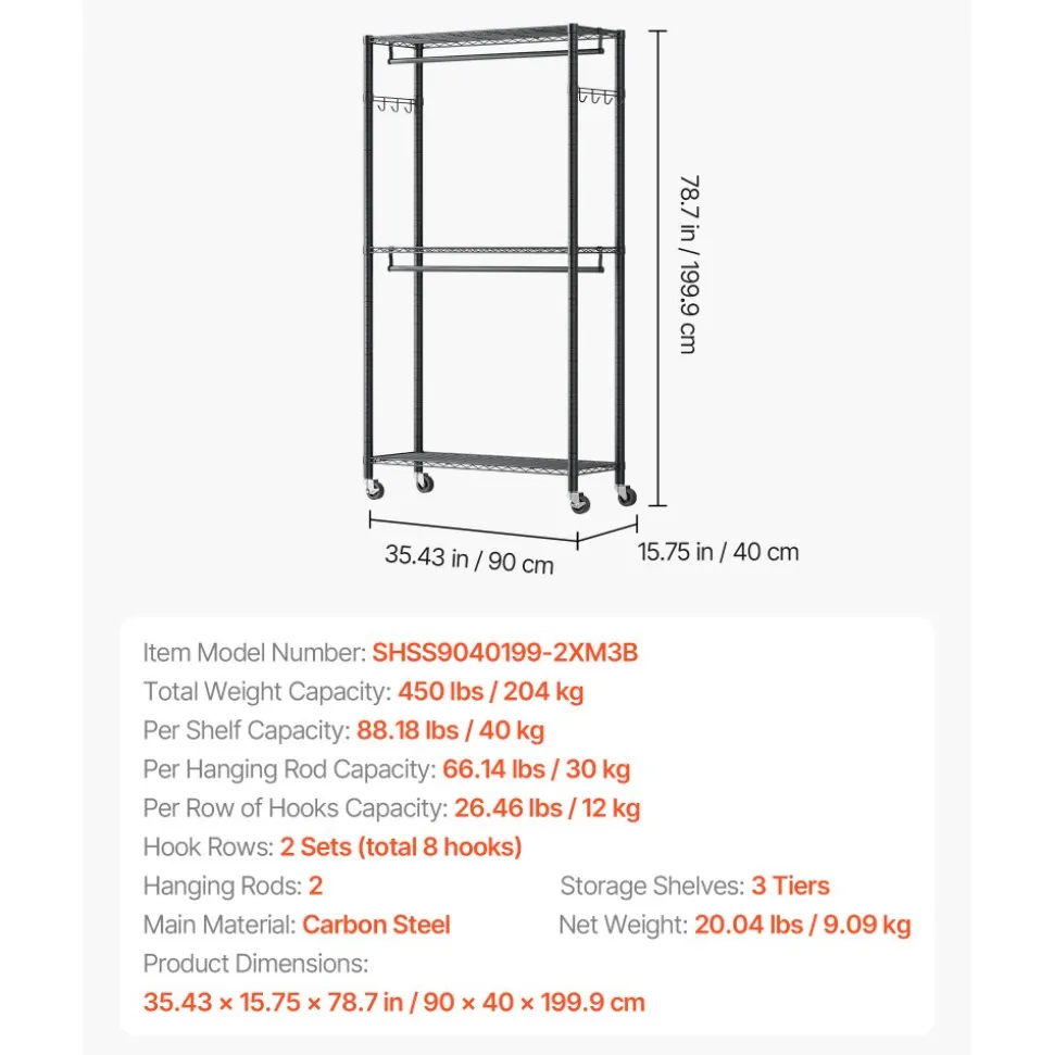 VEVOR Rolling Clothes Rack, Heavy Duty Clothing Garment Rack, 3 Adjustable Tiers Clothing Racks with Carbon Steel, 450 lbs Load Capacity Closet Wardrobe for Bedroom, Clothing Store, Hallway