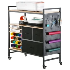 VEVOR Rolling Craft Cart and Storage Table, Compatible with Cricut Machines, Crafting Table Organization Workstation, Craft Rolling Storage Organizer with 20 Vinyl Roll Holders and 3 Drawers, Black