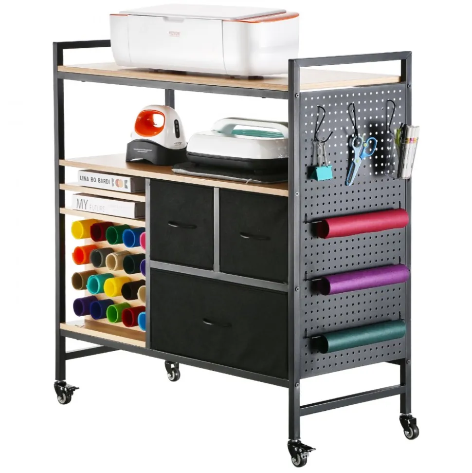 VEVOR Rolling Craft Cart and Storage Table, Compatible with Cricut Machines, Crafting Table Organization Workstation, Craft Rolling Storage Organizer with 20 Vinyl Roll Holders and 3 Drawers, Black