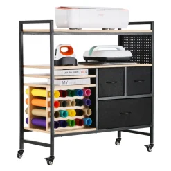 VEVOR Rolling Craft Cart and Storage Table, Compatible with Cricut Machines, Crafting Table Organization Workstation, Craft Rolling Storage Organizer with 20 Vinyl Roll Holders and 3 Drawers, Black
