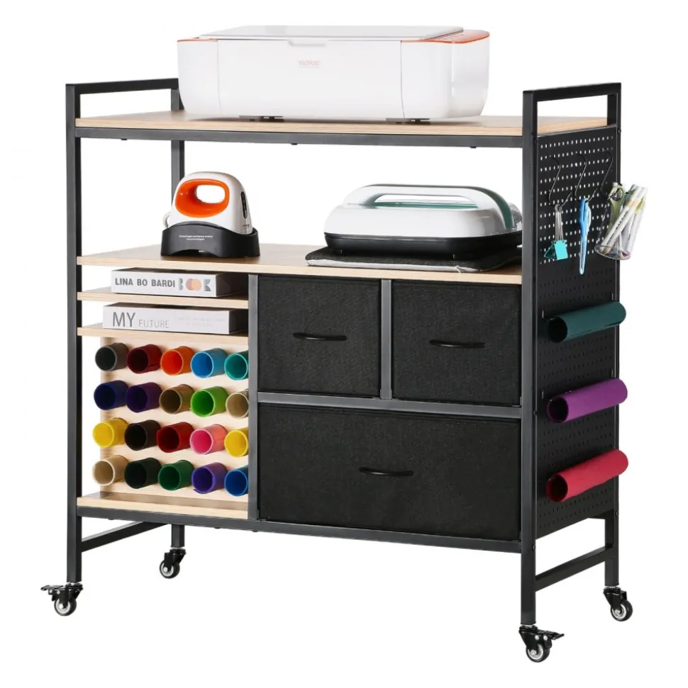 VEVOR Rolling Craft Cart and Storage Table, Compatible with Cricut Machines, Crafting Table Organization Workstation, Craft Rolling Storage Organizer with 20 Vinyl Roll Holders and 3 Drawers, Black