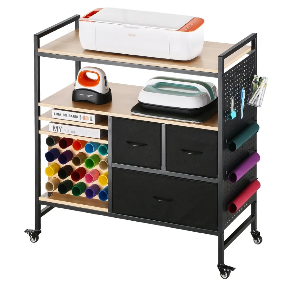 VEVOR Rolling Craft Cart and Storage Table, Compatible with Cricut Machines, Crafting Table Organization Workstation, Craft Rolling Storage Organizer with 20 Vinyl Roll Holders and 3 Drawers, Black