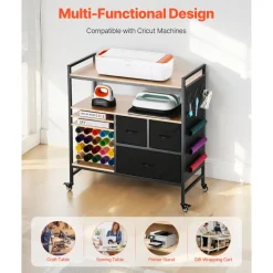 VEVOR Rolling Craft Cart and Storage Table, Compatible with Cricut Machines, Crafting Table Organization Workstation, Craft Rolling Storage Organizer with 20 Vinyl Roll Holders and 3 Drawers, Black