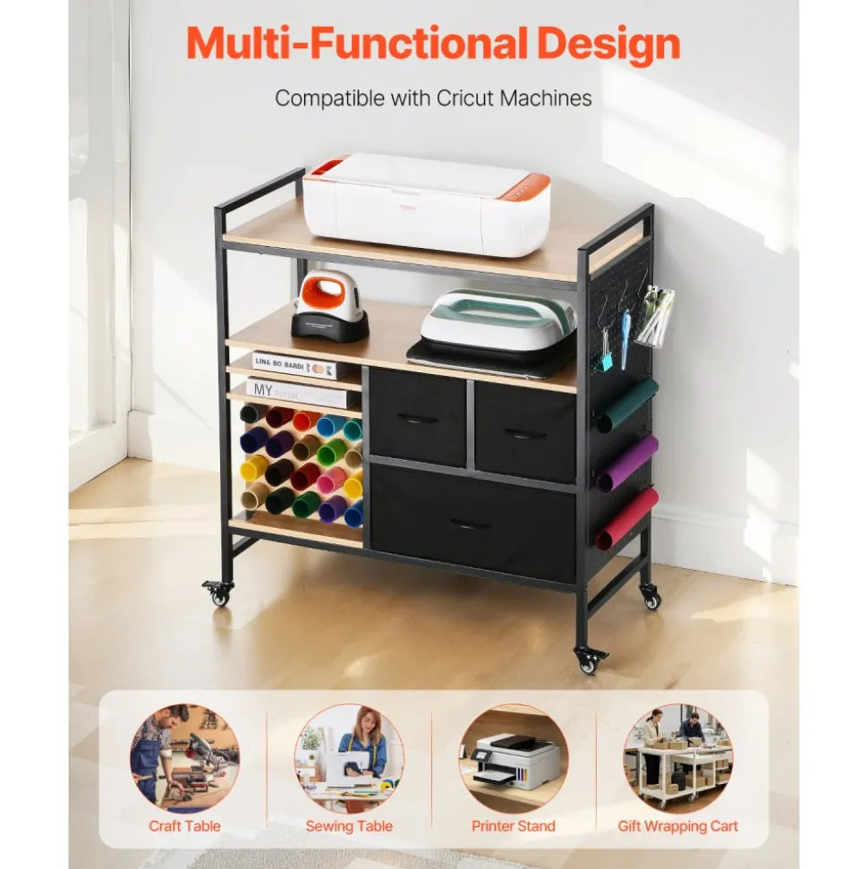 VEVOR Rolling Craft Cart and Storage Table, Compatible with Cricut Machines, Crafting Table Organization Workstation, Craft Rolling Storage Organizer with 20 Vinyl Roll Holders and 3 Drawers, Black