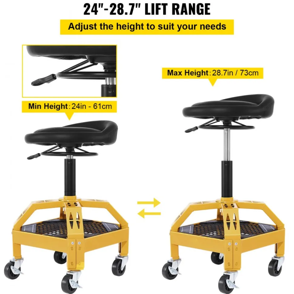 VEVOR Rolling Garage Stool, 300LBS Capacity, Adjustable Height from 24 in to 28.7 in, Mechanic Seat with 360-degree Swivel Wheels and Tool Tray, for Workshop, Auto Repair Shop, Yellow