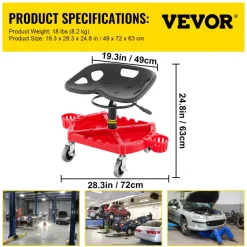 VEVOR Rolling Garage Stool, 300LBS Capacity, Adjustable Height from 18 in to 23 in, 360-degree Swivel Wheels (4