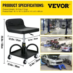 VEVOR Rolling Garage Stool, 300LBS Capacity, Adjustable Height from 15.7 in to 20.5 in, Mechanic Seat with 360-degree Swivel Wheels and Tool Tray, for Workshop, Auto Repair Shop, Black