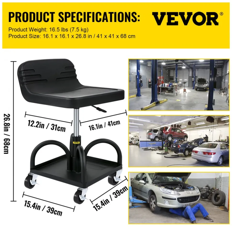 VEVOR Rolling Garage Stool, 300LBS Capacity, Adjustable Height from 15.7 in to 20.5 in, Mechanic Seat with 360-degree Swivel Wheels and Tool Tray, for Workshop, Auto Repair Shop, Black
