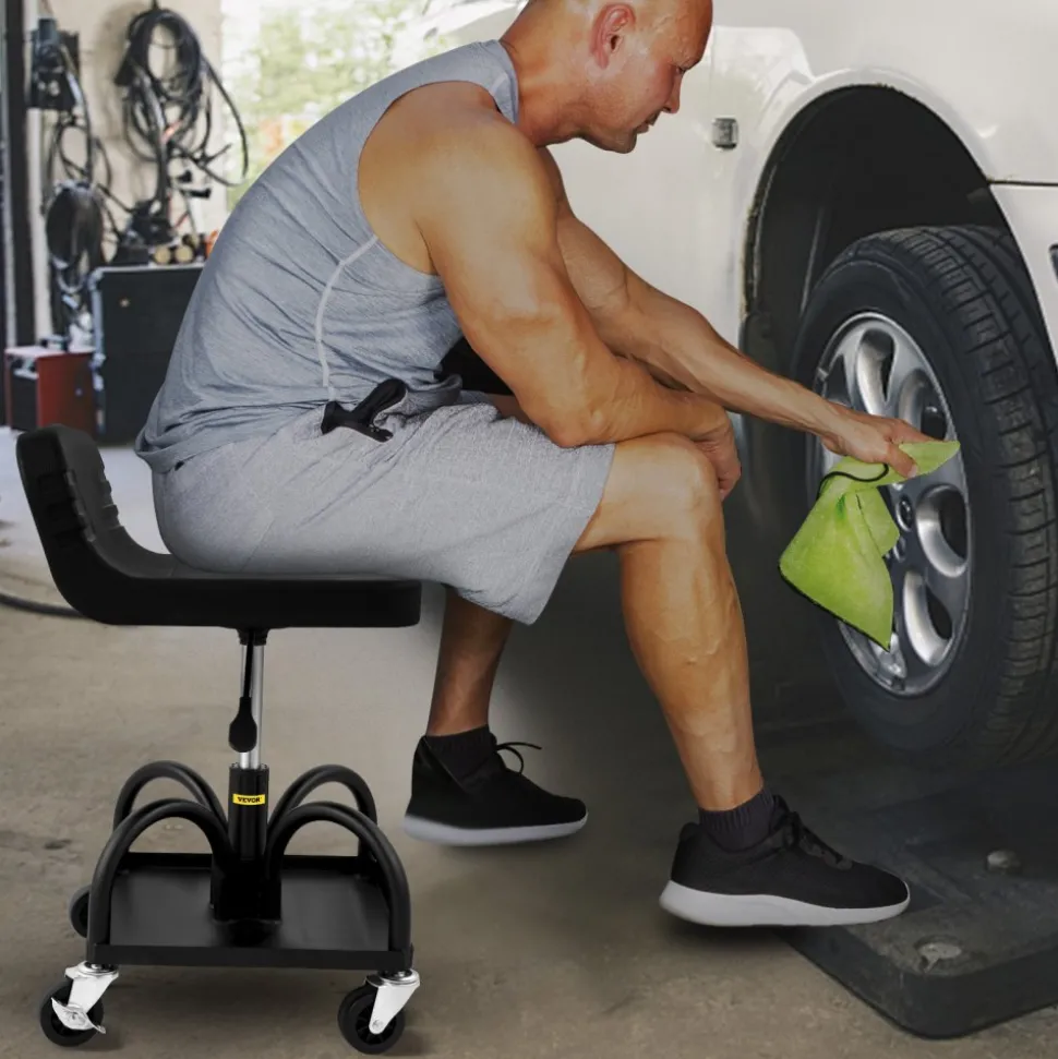 VEVOR Rolling Garage Stool, 300LBS Capacity, Adjustable Height from 15.7 in to 20.5 in, Mechanic Seat with 360-degree Swivel Wheels and Tool Tray, for Workshop, Auto Repair Shop, Black