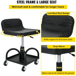 VEVOR Rolling Garage Stool, 300LBS Capacity, Adjustable Height from 15.7 in to 20.5 in, Mechanic Seat with 360-degree Swivel Wheels and Tool Tray, for Workshop, Auto Repair Shop, Black