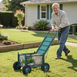 VEVOR Rolling Garden Cart with Seat, Metal Rolling Garden Work Seat with Wheels, Supports up to 400 LBS, Heavy Duty Gardening Cart Scooter, Outdoor Wagon & Stool on Wheels for Lawn, Patio, Backyard