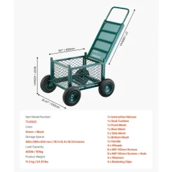 VEVOR Rolling Garden Cart with Seat, Metal Rolling Garden Work Seat with Wheels, Supports up to 400 LBS, Heavy Duty Gardening Cart Scooter, Outdoor Wagon & Stool on Wheels for Lawn, Patio, Backyard