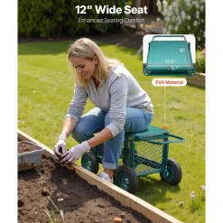 VEVOR Rolling Garden Cart with Seat, Metal Rolling Garden Work Seat with Wheels, Supports up to 400 LBS, Heavy Duty Gardening Cart Scooter, Outdoor Wagon & Stool on Wheels for Lawn, Patio, Backyard