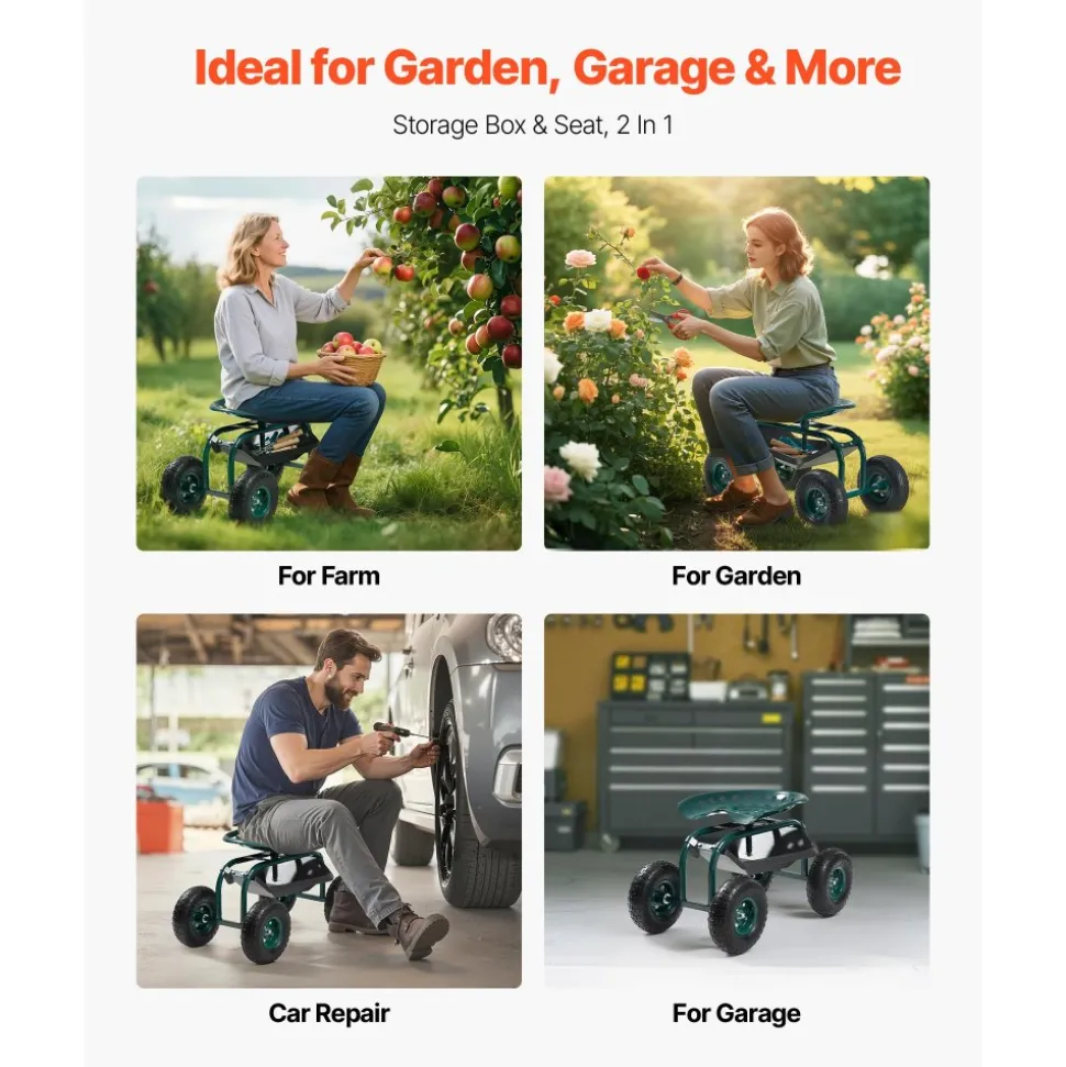 VEVOR Rolling Garden Cart with Swivel Seat, Heavy Duty Garden Seat with Storage Basket & Tool Tray, 300 lbs Weight Capacity, Outdoor Utility Gardening Stool Scooter for Lawn Yard Planting Weeding