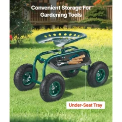 VEVOR  Rolling Garden Cart with Swivel Seat, Heavy Duty Garden Seat with Storage Basket & Tool Tray, 300 lbs Weight Capacity, Outdoor Utility Gardening Stool Scooter for Lawn Yard Planting Weeding