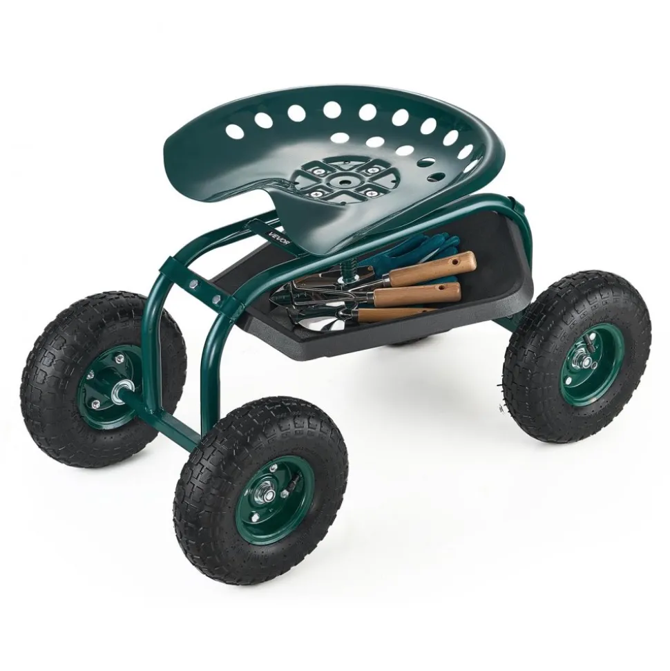 VEVOR Rolling Garden Cart with Swivel Seat, Heavy Duty Garden Seat with Storage Basket & Tool Tray, 300 lbs Weight Capacity, Outdoor Utility Gardening Stool Scooter for Lawn Yard Planting Weeding