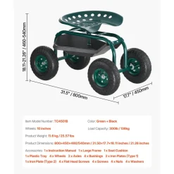 VEVOR Rolling Garden Cart with Swivel Seat, Heavy Duty Garden Seat with Storage Basket & Tool Tray, 300 lbs Weight Capacity, Outdoor Utility Gardening Stool Scooter for Lawn Yard Planting Weeding