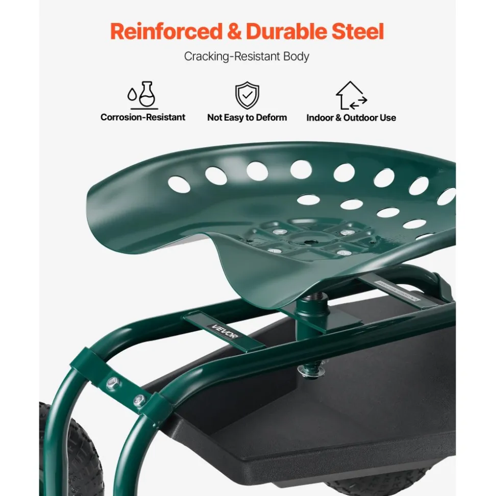 VEVOR Rolling Garden Cart with Swivel Seat, Heavy Duty Garden Seat with Storage Basket & Tool Tray, 300 lbs Weight Capacity, Outdoor Utility Gardening Stool Scooter for Lawn Yard Planting Weeding