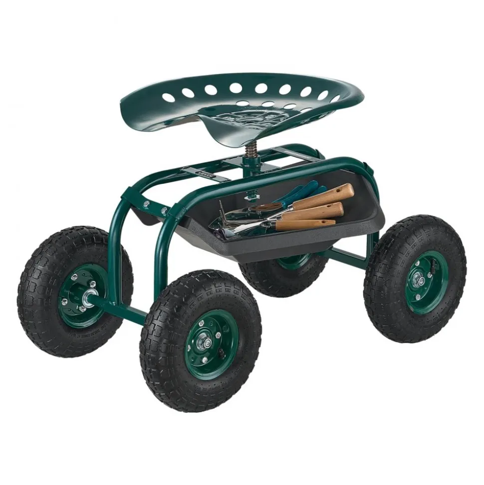 VEVOR Rolling Garden Cart with Swivel Seat, Heavy Duty Garden Seat with Storage Basket & Tool Tray, 300 lbs Weight Capacity, Outdoor Utility Gardening Stool Scooter for Lawn Yard Planting Weeding