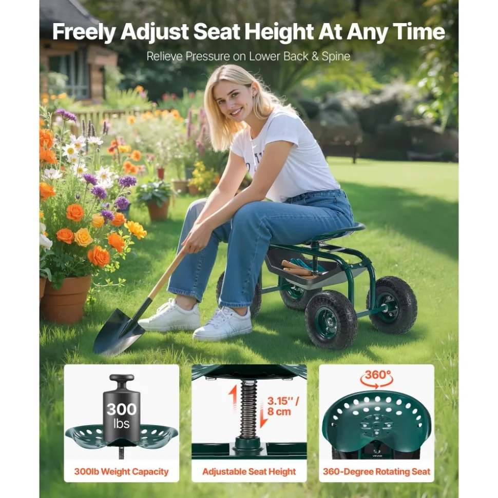 VEVOR Rolling Garden Cart with Swivel Seat, Heavy Duty Garden Seat with Storage Basket & Tool Tray, 300 lbs Weight Capacity, Outdoor Utility Gardening Stool Scooter for Lawn Yard Planting Weeding