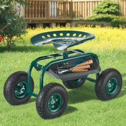 VEVOR Rolling Garden Cart with Swivel Seat, Heavy Duty Garden Seat with Storage Basket & Tool Tray, 300 lbs Weight Capacity, Outdoor Utility Gardening Stool Scooter for Lawn Yard Planting Weeding