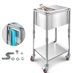 VEVOR Rolling Ice Chest Cooler Cart, 20"L x 14"W x 38"H Stainless Steel Cooling Bin on Wheels, 29.6 Quart Outdoor Stand Up Cooler Trolley with Shelf, for Patio Backyard Party Bar Cold Drinks