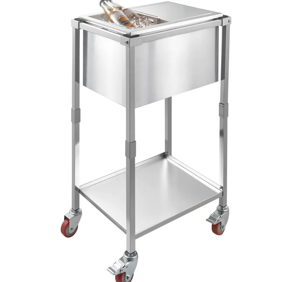 VEVOR Rolling Ice Chest Cooler Cart, 20"L x 14"W x 38"H Stainless Steel Cooling Bin on Wheels, 29.6 Quart Outdoor Stand Up Cooler Trolley with Shelf, for Patio Backyard Party Bar Cold Drinks