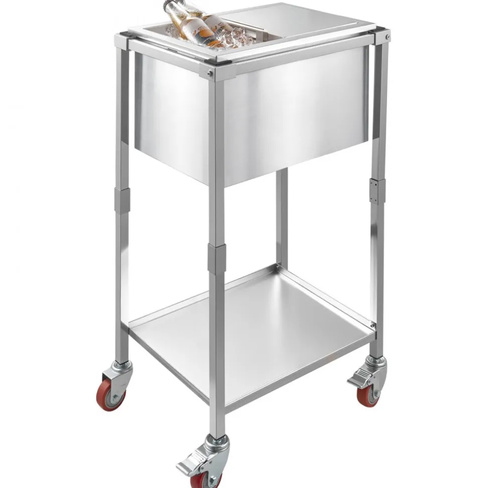 VEVOR Rolling Ice Chest Cooler Cart, 20"L x 14"W x 38"H Stainless Steel Cooling Bin on Wheels, 29.6 Quart Outdoor Stand Up Cooler Trolley with Shelf, for Patio Backyard Party Bar Cold Drinks
