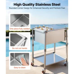 VEVOR Rolling Ice Chest Cooler Cart Stainless Steel Cooling Bin 44.8 Quart, Outdoor Stand Up Cooler Trolley with Wheels, Sliding Lid, Shelf, for Patio Backyard Party Bar Cold Drinks, 26x19.9x38.8 in