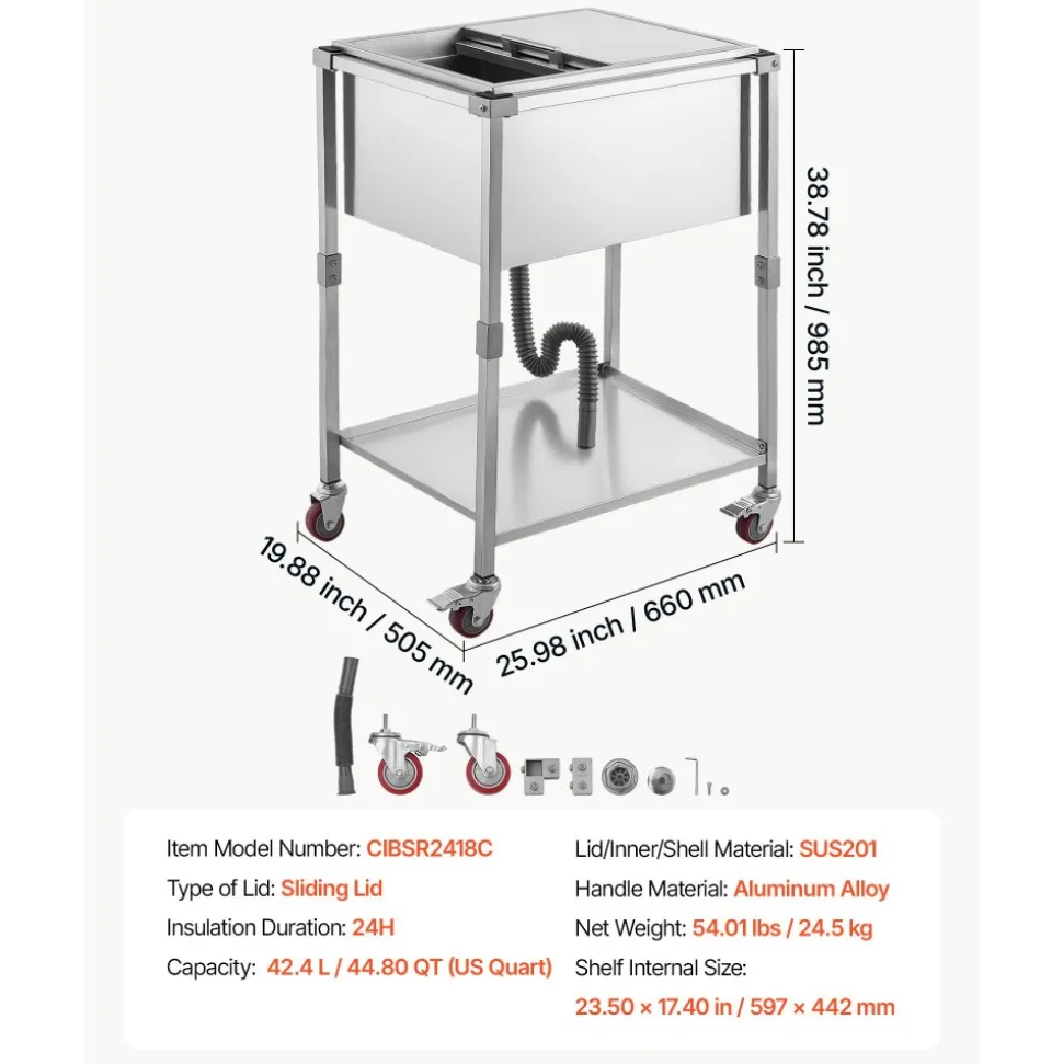 VEVOR Rolling Ice Chest Cooler Cart Stainless Steel Cooling Bin 44.8 Quart, Outdoor Stand Up Cooler Trolley with Wheels, Sliding Lid, Shelf, for Patio Backyard Party Bar Cold Drinks, 26x19.9x38.8 in
