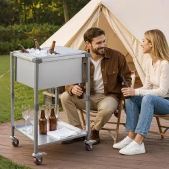 VEVOR Rolling Ice Chest Cooler Cart Stainless Steel Cooling Bin 44.8 Quart, Outdoor Stand Up Cooler Trolley with Wheels, Sliding Lid, Shelf, for Patio Backyard Party Bar Cold Drinks, 26x19.9x38.8 in