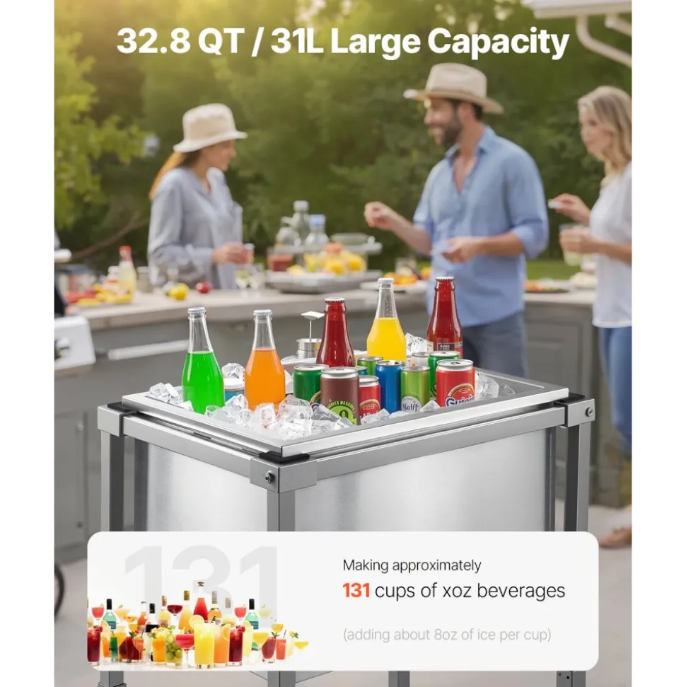 VEVOR Rolling Ice Chest Cooler Cart, 22"L x 16"W x 38"H Stainless Steel Cooling Bin on Wheels, 32.8 Quart Outdoor Stand Up Cooler Trolley with Shelf, for Patio Backyard Party Bar Cold Drinks