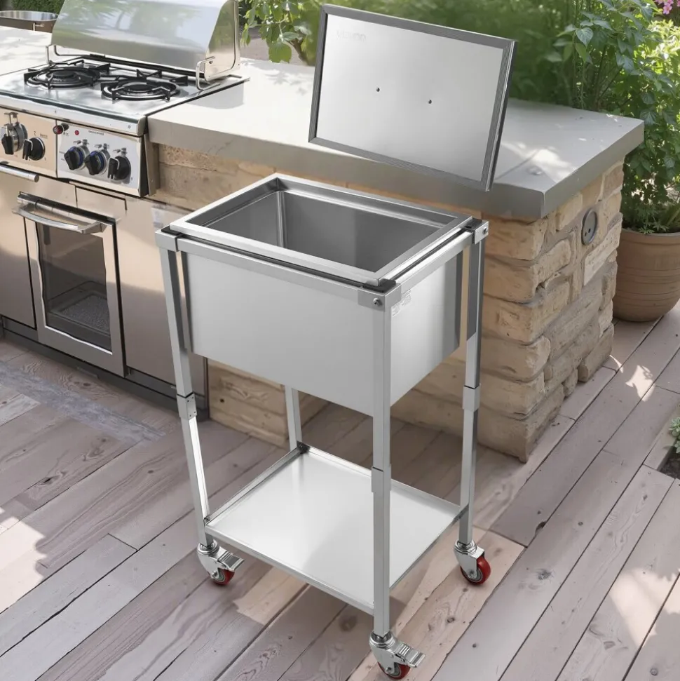 VEVOR Rolling Ice Chest Cooler Cart, 22"L x 16"W x 38"H Stainless Steel Cooling Bin on Wheels, 32.8 Quart Outdoor Stand Up Cooler Trolley with Shelf, for Patio Backyard Party Bar Cold Drinks