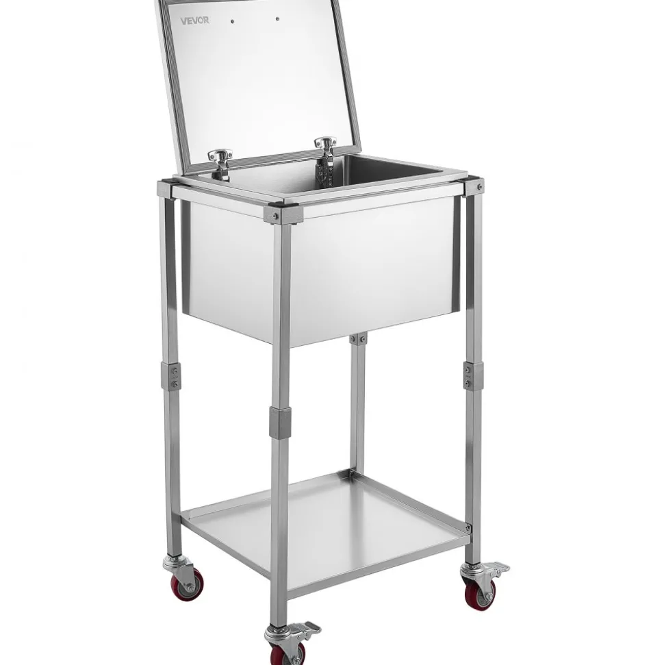 VEVOR Rolling Ice Chest Cooler Cart Stainless Steel Cooling Bin 57.7 Quart, Outdoor Stand Up Cooler Trolley with Wheels, Flip Lid, and Shelf, for Patio Backyard Party Bar Cold Drinks, 22x17.9x39.5 in