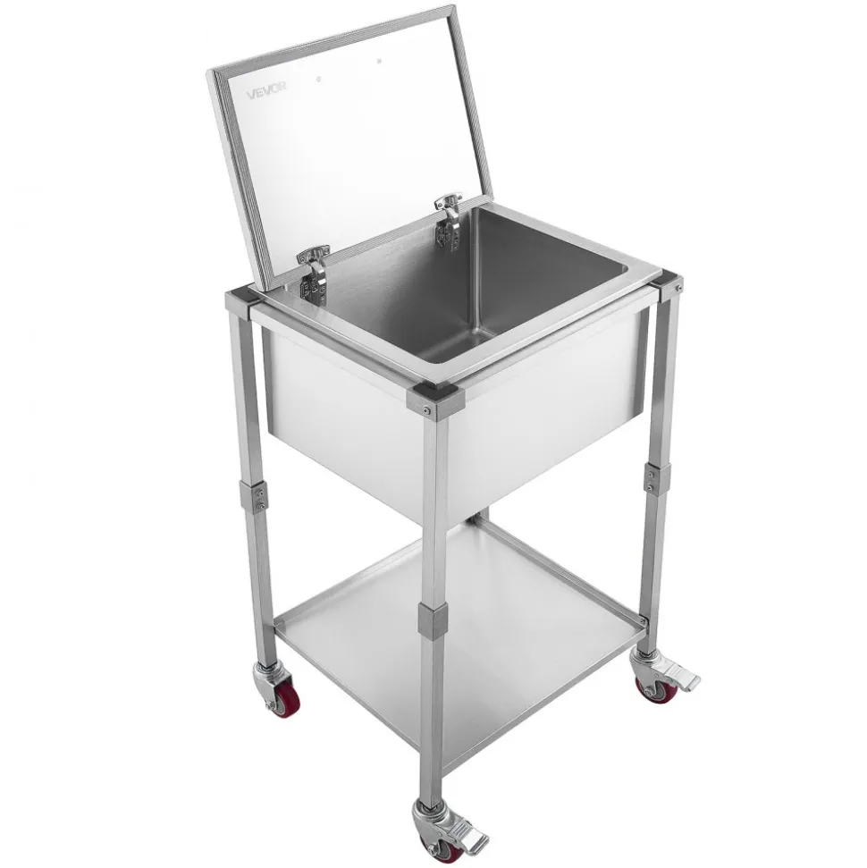 VEVOR Rolling Ice Chest Cooler Cart Stainless Steel Cooling Bin 57.7 Quart, Outdoor Stand Up Cooler Trolley with Wheels, Flip Lid, and Shelf, for Patio Backyard Party Bar Cold Drinks, 22x17.9x39.5 in