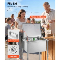 VEVOR Rolling Ice Chest Cooler Cart Stainless Steel Cooling Bin 57.7 Quart, Outdoor Stand Up Cooler Trolley with Wheels, Flip Lid, and Shelf, for Patio Backyard Party Bar Cold Drinks, 22x17.9x39.5 in