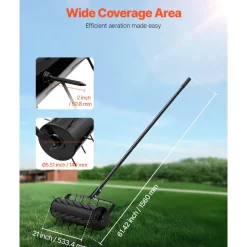 VEVOR Rolling Lawn Aerator, 21-inch Heavy-Duty Manual Rolling Aerator Lawn with Detachable Handle and 33 Iron Spikes, Rolling Lawn Aeration Tool for Garden Patio Yard Compacted Soils and Lawns, Black