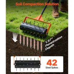 VEVOR Rolling Lawn Aerator, 15 in Manual Push Aerator Roller with 42 Spikes & 60 in Long Handle, Fillable Drum for Added Weight, Heavy-Duty Lawn Soil Penetrator for Garden Yard Compacted Soils