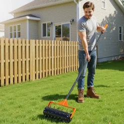 VEVOR Rolling Lawn Aerator, 15 in Manual Push Aerator Roller with 42 Spikes & 60 in Long Handle, Fillable Drum for Added Weight, Heavy-Duty Lawn Soil Penetrator for Garden Yard Compacted Soils