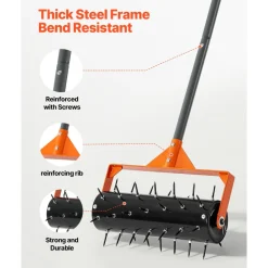 VEVOR Rolling Lawn Aerator, 15 in Manual Push Aerator Roller with 42 Spikes & 60 in Long Handle, Fillable Drum for Added Weight, Heavy-Duty Lawn Soil Penetrator for Garden Yard Compacted Soils