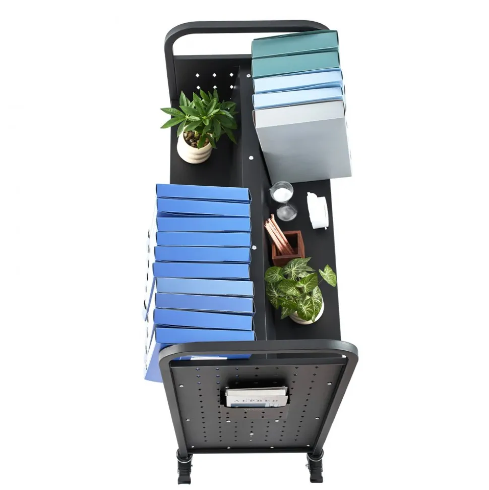 VEVOR Rolling Library Book Cart, 330 lbs Capacity, 38.2 x 20.3 x 48.2-Inch Library Cart, Double Sided W-Shaped Shelves with 3-Inch Lockable Wheels, Book Truck for Home Shelves Office and School, Black