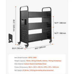 VEVOR Rolling Library Book Cart, 330 lbs Capacity, 38.2 x 20.3 x 48.2-Inch Library Cart, Double Sided W-Shaped Shelves with 3-Inch Lockable Wheels, Book Truck for Home Shelves Office and School, Black